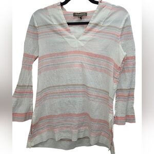Tommy Bahama Striped Hooded Tunic 100% Cotton XS Pink White Beach Resort Boho